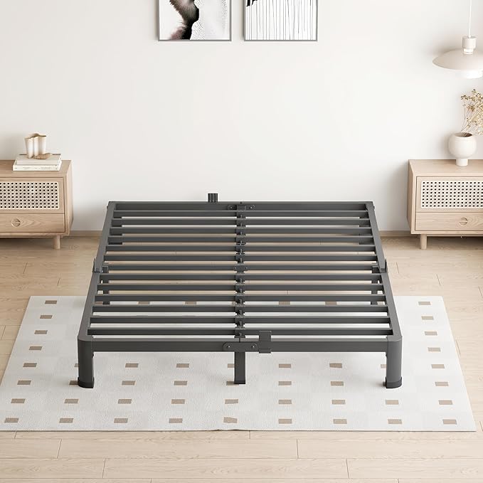 4 Inch Queen Bed Frame, 3500Lbs Heavy Duty Metal Platform with Round Corner Legs Mattress Slide Stopper, Steel Slat Support No Box Spring Needed, Noise Free, Non-Slip, Easy Assembly