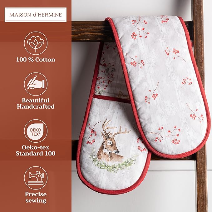 Maison d' Hermine Double Oven Mitt (7" x 35") 100% Cotton Heat Resistant BBQ Cooking Gloves with Loop for Thanksgiving Christmas Decorations Baking Cooking Barbeque Handling Hot Pan (Mountain Life)
