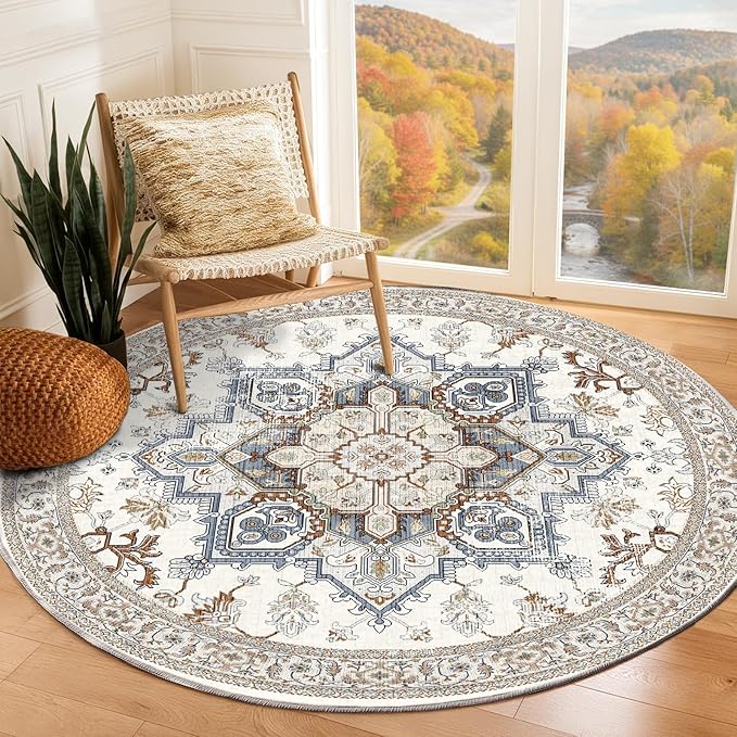 OPPODREAM Thin Round Rug 4ft, Neutral Washable Circle Rug 4ft with Non Slip Backing Play Room, Low-Pile Carpet 4 ft, Small Faux Cashmere Throw Carpet, Cream White & Blue & Light Brown