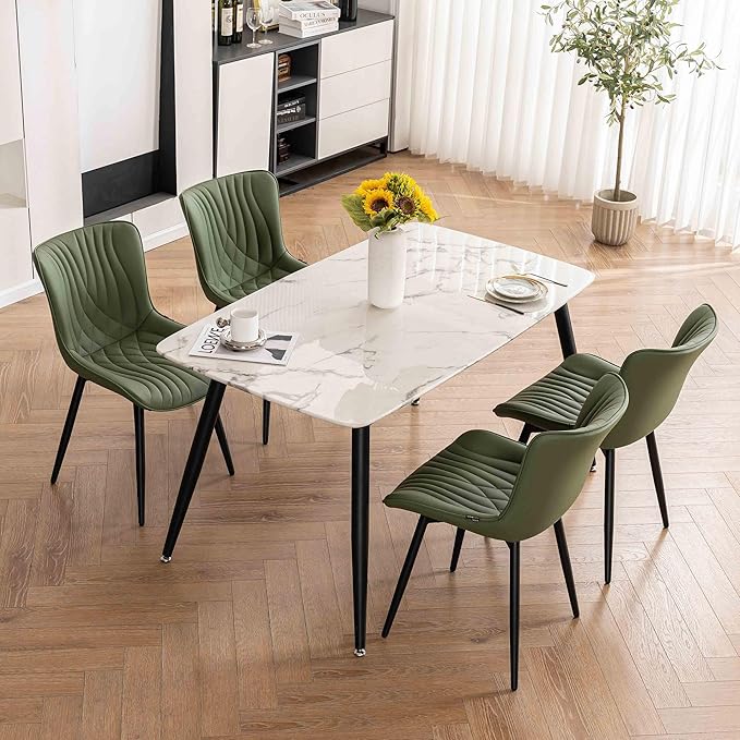 Kidol & Shellder Bean-Green Dining Chairs Set of 2,Upholstered Mid Century Modern Kitchen&Dining Room Chair with Back,Ergonomic Armless Vanity&Living Room Chair with Metal Legs