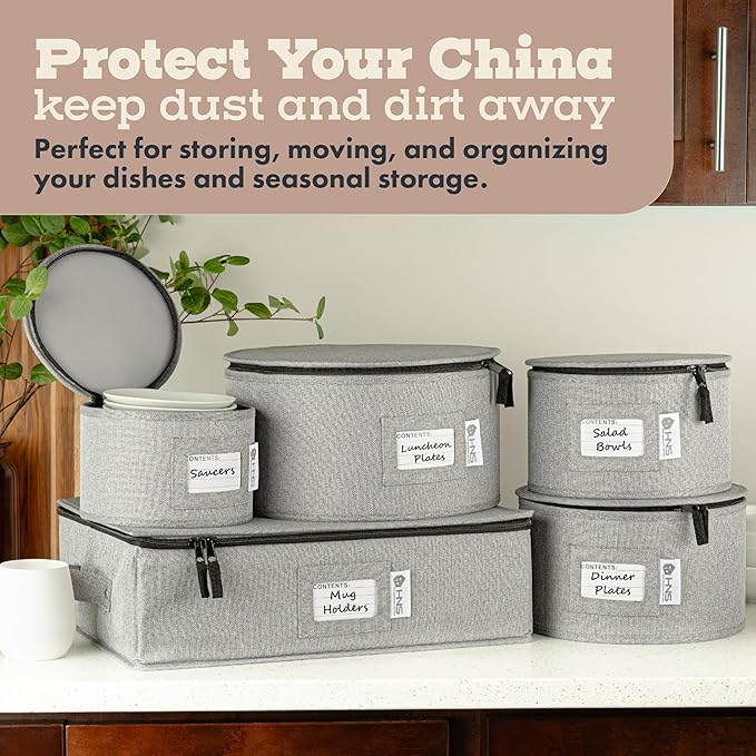 Hard Shell China Storage Containers 5-Piece Set Moving Boxes for Dinnerware, Glasses, Plates, Mugs and Saucers Sturdy Dish Organizer with Dividers for Seasonal Storage - Service for 12 - Gray