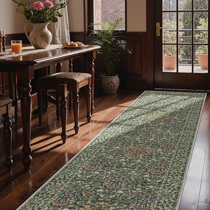 GENIMO Floral Washable Runner Rug 2’6”x12’, Non-Slip Long Hallway Carpet for Entryway, Kitchen, Indoor Floor Use, Vintage Boho Soft Thin Rug Décor, Emerald Green