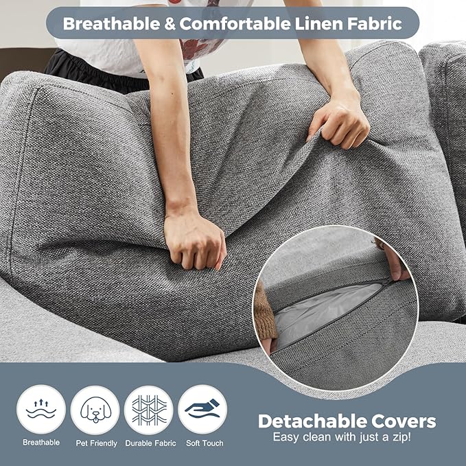 ABCASA 112" L Shaped Sectional Sofa with Detachable Sofa Cover, Reversible Sectional Modular Couch for Living Room, Linen Fabric Corner Couch with 7 Seats, Grey