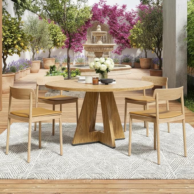 Farini 47" Round Dining Table for 4-6,Modern Kitchen Room Table with Wood Top & Sturdy Metal Base,Large Round Dinner Table for Dining Room,Walnut