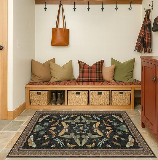 Black Front Door Mat Indoor Entrance Non Slip Washable - 3x4 Throw Rug for Kitchen, Mudroom, Bedroom Bedside, Insect Boho Vintage Aesthetic Décor