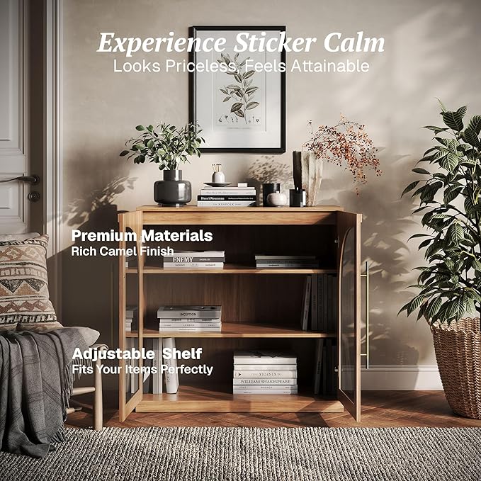 BELLEZE Modular Sideboard with Arched Glass Door, Accent Display Buffet Cabinet with Storage and Adjustable Shelves,Classic Modern Credenza for Dining Room Living Room Entryway (Camel)