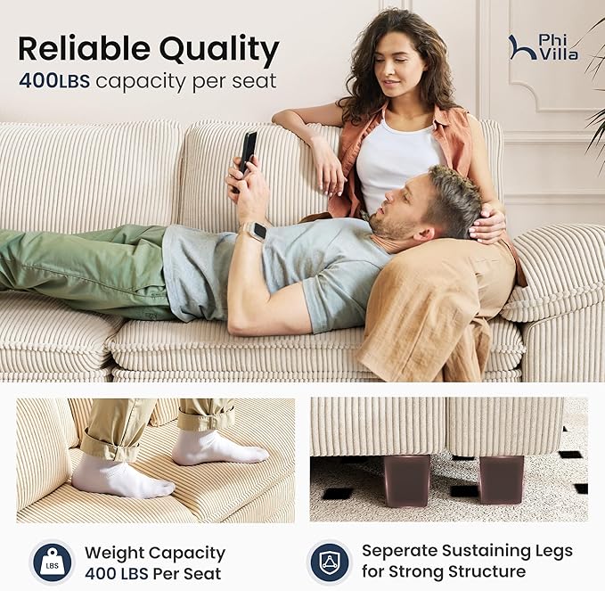 PHI VILLA Cloud Modular Couches Sets, 2 Pieces Sectional Loveseat Sofa Set, 4-Seater Comfy Couch for Living Room, Corduroy Fabric, Beige