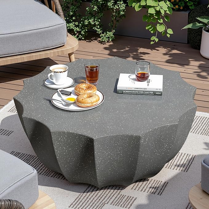 35" Outdoor Round Coffee Table Modern Stylish Design Waterproof & Moisture-Proof No Assembly Required Outdoor Coffee Table for Patio, Garden, Backyards - US Warehouse (Grey)
