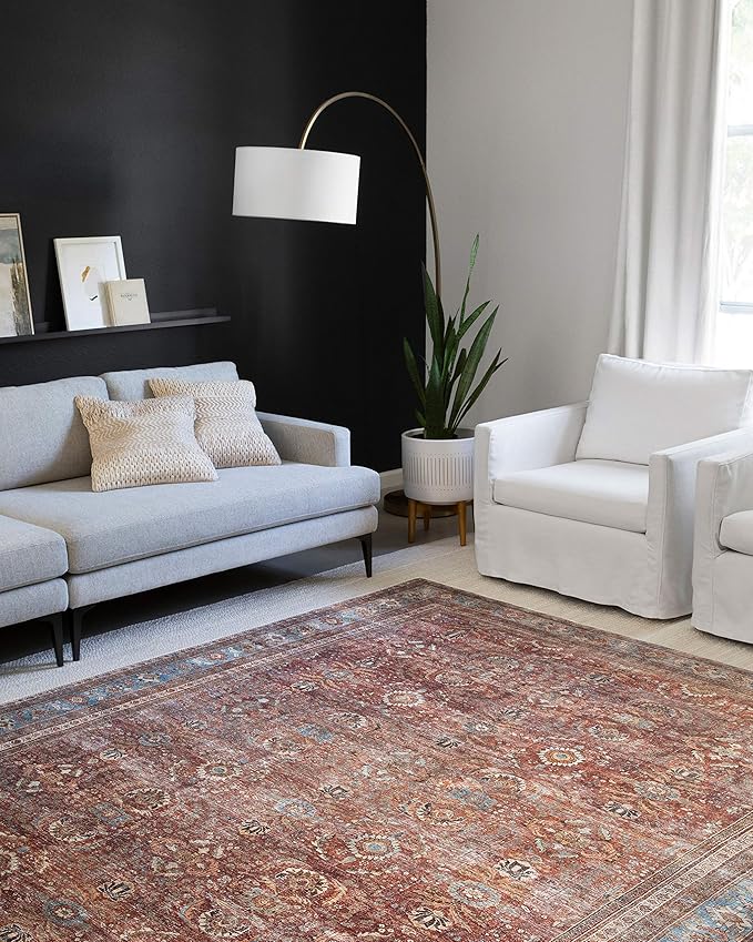 Loloi Layla Collection LAY-01 Brick/Blue 2'-3" x 3'-9" .13" Thick Accent Rug, Soft, Durable, Vintage Inspired, Distressed, Low Pile, Non-Shedding, Easy Clean, Printed, Living Room Rug