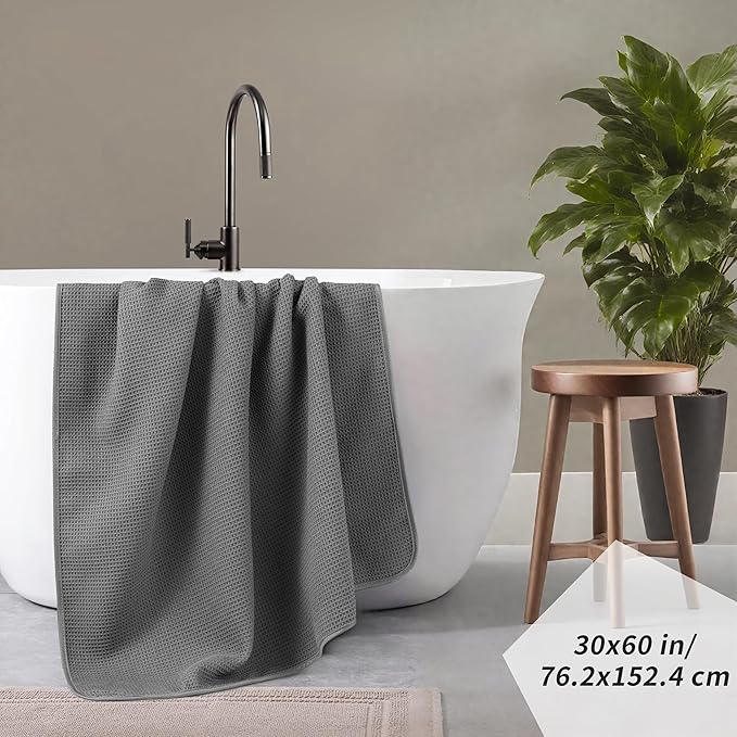 POLYTE 380 GSM Microfiber Oversize Quick Dry Lint Free Waffle Bath Towel for Body, 60 x 30 in, Set of 2