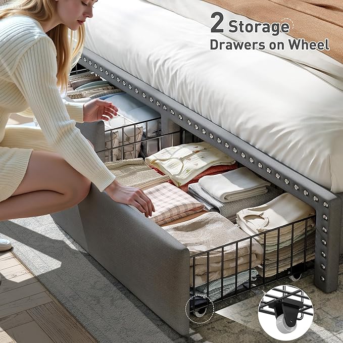 EnHomee Full Size Bed Frame with 2-Tier Storage Headboard & Charging Station, LED Platform Bed Frame with 2 Storage Drawers, Sturdy Wooden Slats Support, Noise-Free, No Box Spring Needed, Grey