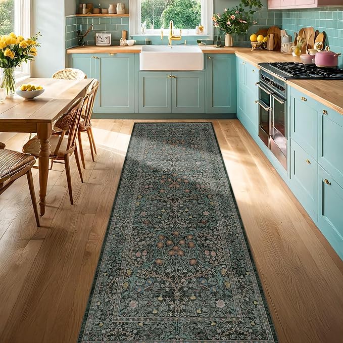 Dark Green 2 x 8 Runners for Hallways, 8ft Long Floor Runner for Kitchen, Entryway Indoor, Washable Non Skid Rubber Backing Stain Resistant - Vintage Floral Décor