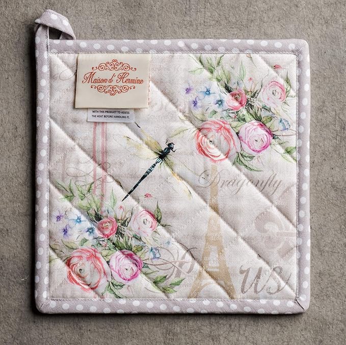 Maison d' Hermine Pot Holders 100% Cotton Heat Resistant Potholders 8" x 8" Hot Pads with Loop BBQ, Cooking, Baking, Grilling, Kitchen, Handling Hot Pans Spring/Summer (Pack of 1, Champ De Mars)