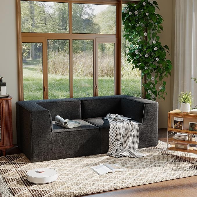 76" Sectional Compressed Sofa Modular Couches Loveseat 2 Deep Seat,High-Density Foam No Assembly Required,2-Piece(2xCorner) for Living Room Fabric Chenille Dark Grey