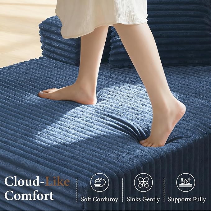 133" Couches for Living Room Deep-Seat Sectional Couch for Living Room Corduroy Boneless Couchs U-Shape Cloud Couch Flexible Modular Sectional Sofa with Chaise Lounge (Blue, with Cup Holder)