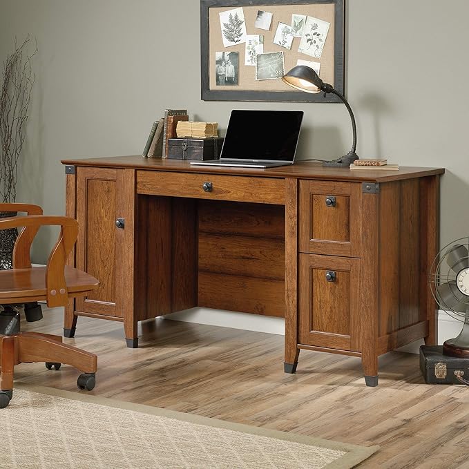 Sauder Carson Forge Rustic Vintage Computer Desk with Drawers Storage, in Washington Cherry finish