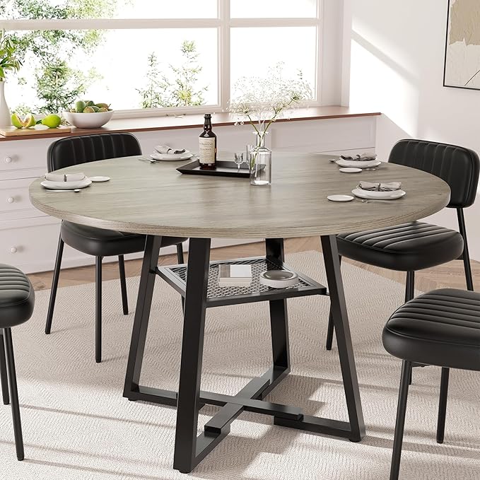 Round Dining Table for 2-4 People,42 Inch Dining Room Table,Modern Circle Kitchen Table with Storage Shelf and Metal Legs for Dining Room,Kitchen,Grey (Table Only)