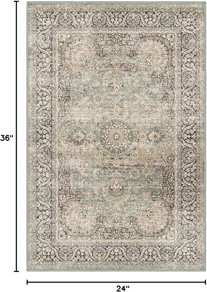 Area Rug 2x3 Distressed Small Entryway Rug Vintage Doormat Faux Wool Non-Slip Washable Low-Pile Floor Carpet for Indoor Front Entrance Kitchen Bathroom…