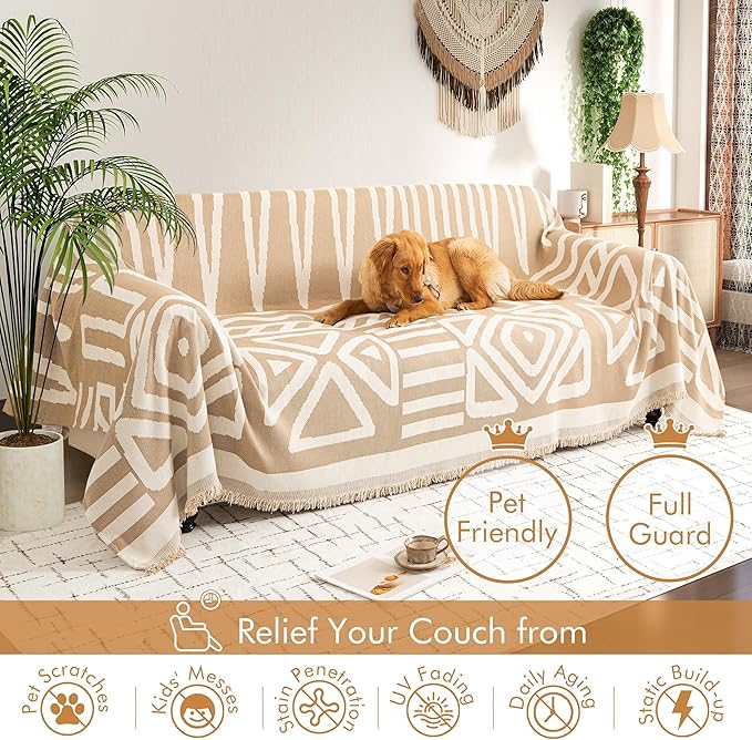 Couch Cover for 2-3 Cushion Couch Sofa Pet Friendly, Boho Sectional L Shaped Sofa Cover Washable for Dogs Cats Kids, Leather Furniture Protector Slipcover Decor for Living Room, 71"x118"