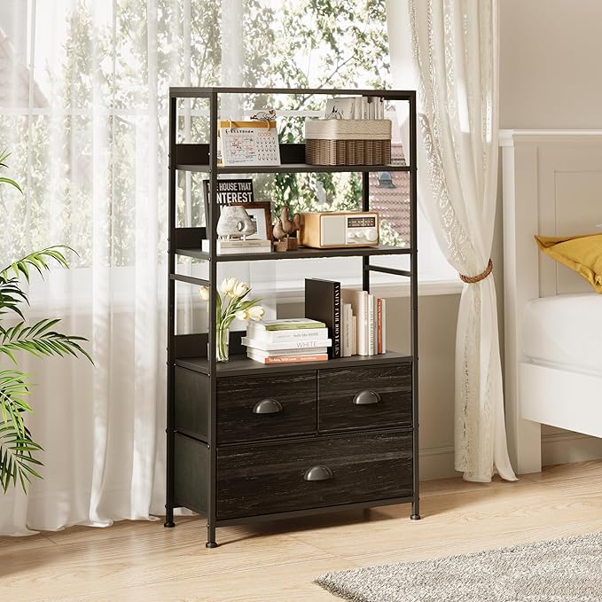 6 Tier Bookshelf, 47-Inch Small Bookcase with 3 Fabric Storage Drawers, Wood and Metal Book Shelf Storage Organizer, Industrial Display Standing Shelf Unit for Bedroom, Living Room, Black