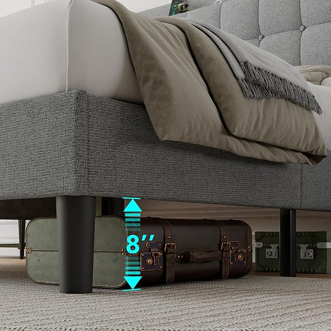 iPormis Full Size Upholstered Platform Bed, Button Tufted Wingback Bed Frame with Charging & Storage Headboard, No Box Spring Needed, Light Gray