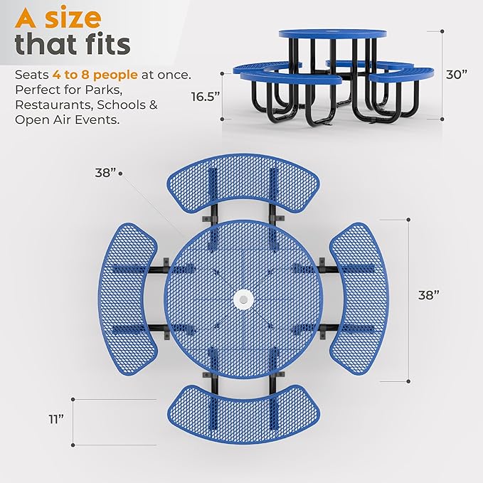 Metal Picnic Tables for Outdoors with Umbrella Hole - Coated Steel Heavy Duty Commercial Grade Furniture Set with Adjustable Seats (Blue, 38 in, Round, Expanded Steel)