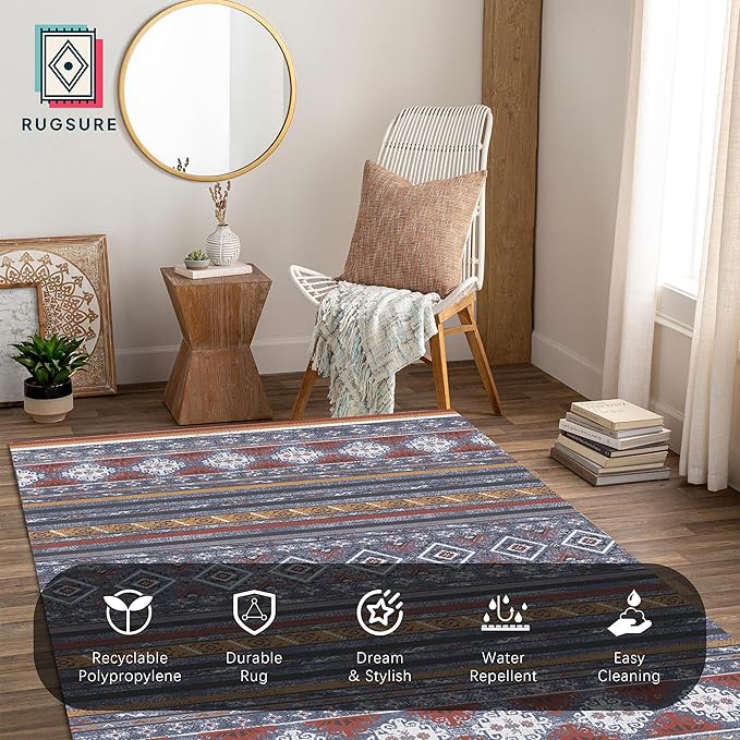 RUGSURE Washable Area Rugs 3' x 5 ' - 1/6 Thick - Moroccan-Inspired -Stain & Water Resistant Non-Slip - Resistant Rug for Living Room, Bedroom, Nursery, Pet & Child Friendly (Blue and Red)
