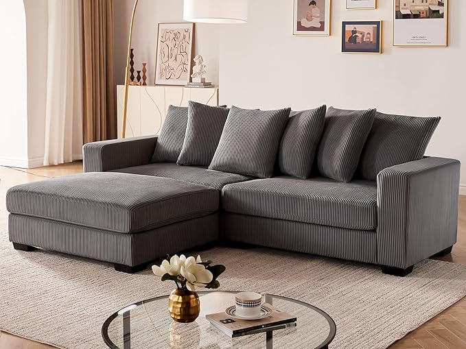 101.6" Deep Seat Modular Sectional Sofa, Thickened Corduroy Sectional Couches for Living Room, Comfy L-Shaped Upholstered Cloud Couch with Chaise, Widened Armrests for 4 People, Dark Grey