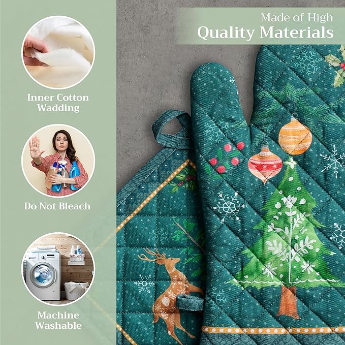 Maison d' Hermine 100% Cotton Oven Mitt & Pot Holder Set (7.5"x13" & 8"x8") Heat Resistant BBQ Cooking Gloves with Loop for Thanksgiving Christmas Decorations Handling Hot Pans (Hygge Christmas)
