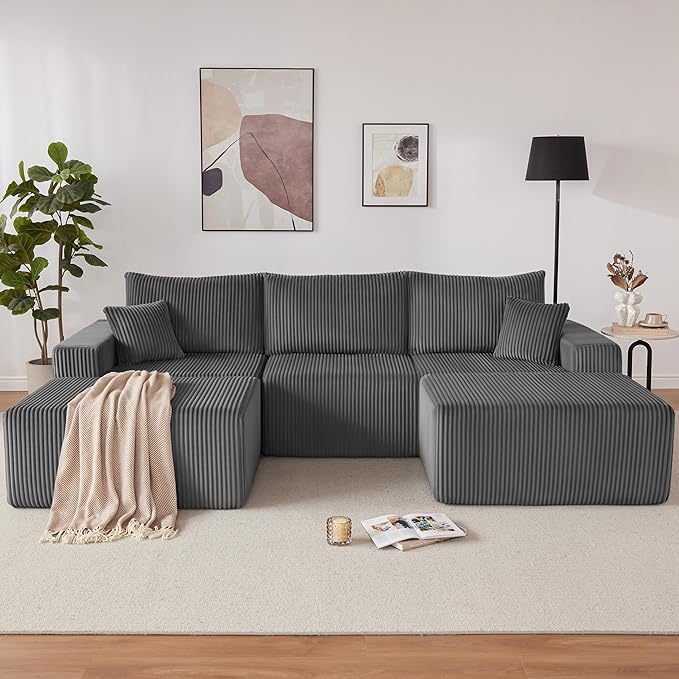 108” Modular Sectional Couches, Cloud Sectional Couch with Deep Seat, Modern Modular L-Shape Sofa with Chaise,Upholstered Boneless Sofa for Living Room (Corduroy, Grey)