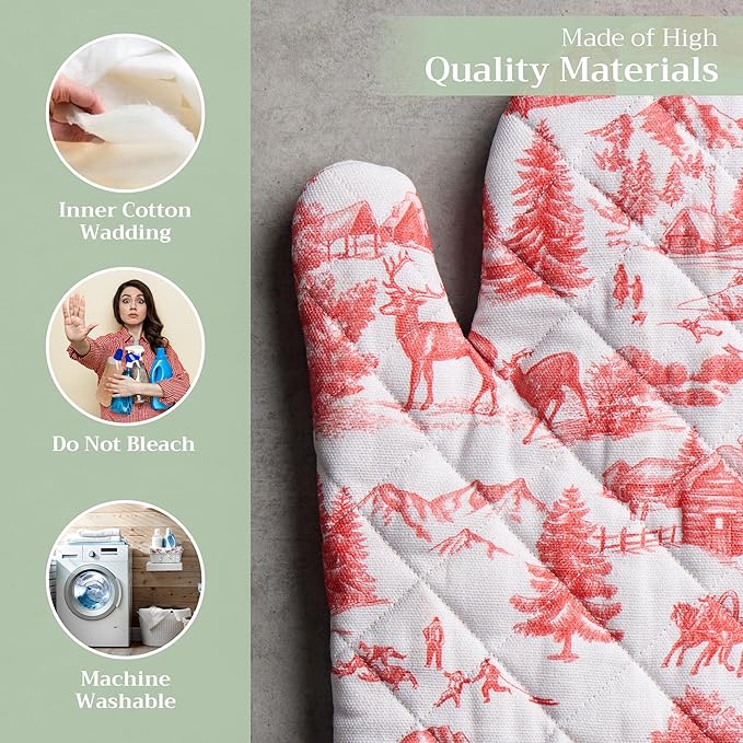 Maison d' Hermine Oven Gloves 100% Cotton Oven Mitt 7" x 13" with Loop Heat Resistant BBQ Cooking Gloves for Thanksgiving Christmas Decorations Baking Handling Hot Pans (Pack of 1, Winter Jouy)