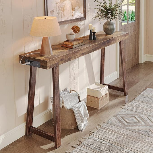 Huuger Entryway Console Table with Charging Station, USB-C Port, 53.9 Inch Sofa Table with Metal Legs, Entry Hallway Table with Thicker Desktop, Modern Behind Couch Table, Rustic Brown