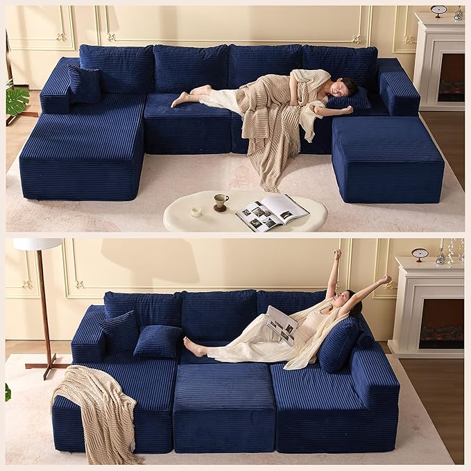 138" Boneless Couch with Deep Seat, Modular Sectional Sofa, Cloud Sectional Couch for Living Room, No Assembly Required, Corduroy, U-Shape 4 Seater Left, Blue