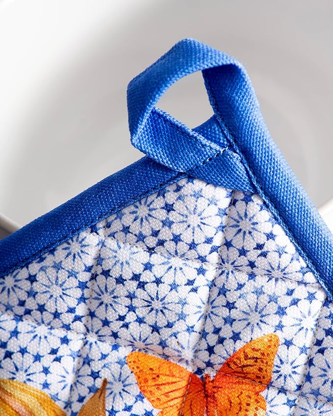 Maison d' Hermine Pot Holders Set 100% Cotton Heat Resistant Potholders 8" x 8" Hot Pads with Loop BBQ, Cooking, Baking, Grilling, Kitchen, Handling Hot Pans Spring/Summer (Pack of 2, Passiflora)