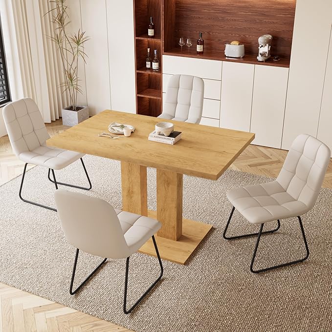 Dining Table Set for 4-6 People, 46 Inch Modern MDF Oak Kitchen Table with 4 Faux Leather Chairs, Rectangular Dining Room Table Set for Home, Small Spaces, Breakfast Nook (Oak Table + 4 White Chairs)