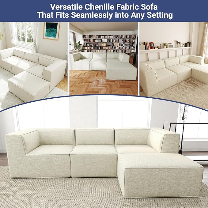 106" Sectional Compressed Sofa Modular Couches L-Shape with Chaise,High-Density Foam No Assembly Required,4-Piece(2xCorner 1xArmless 1xOttoman) for Living Room Chenille Beige