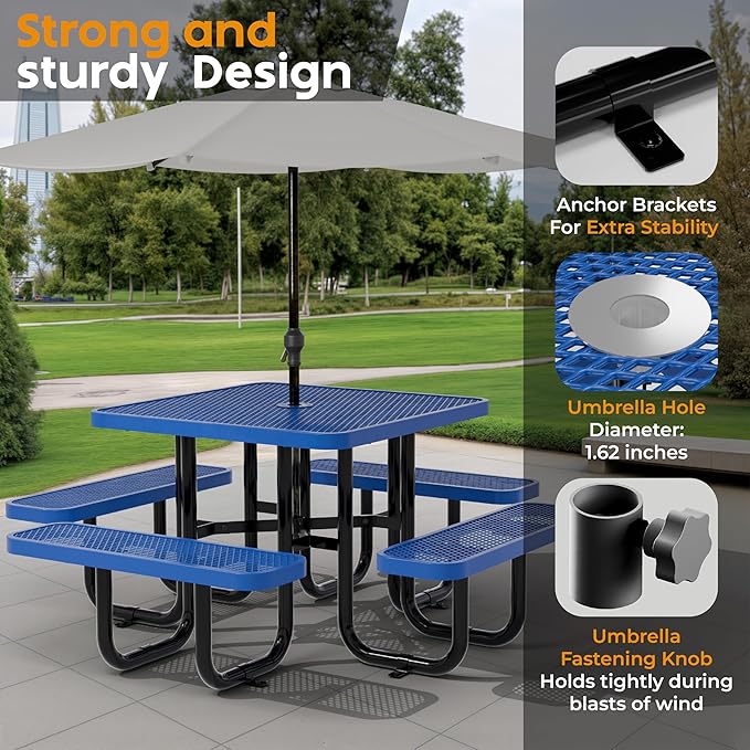 Metal Picnic Tables for Outdoors with Umbrella Hole - Coated Steel Heavy Duty Commercial Grade Furniture with Adjustable Seats (Blue, 38 in, Square)