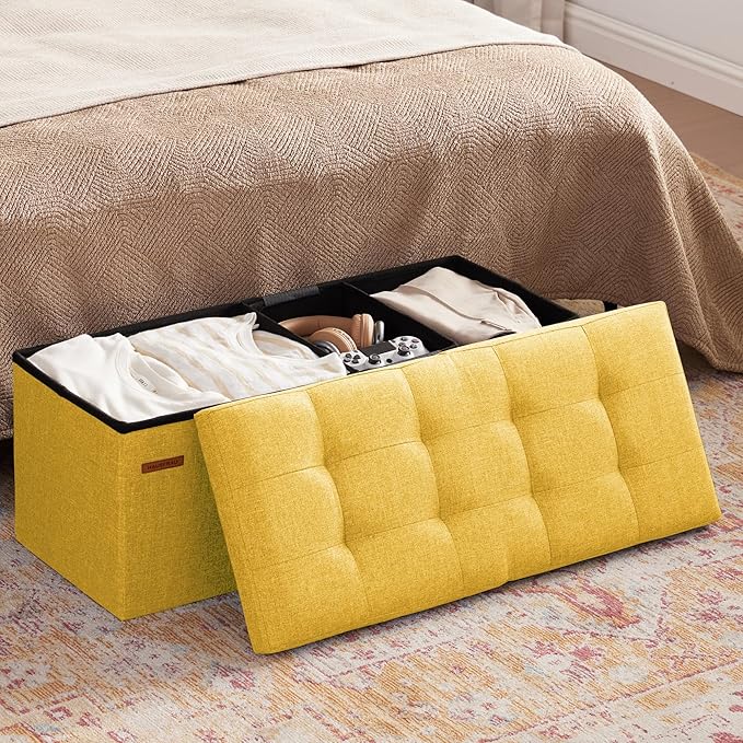 HAUSFRAU 31.5 Inches Ottoman with Storage Bench, Folding Ottoman Bench Small Foot Rest Stool, Bedroom Bench with Flipping Lid, Linen Yellow