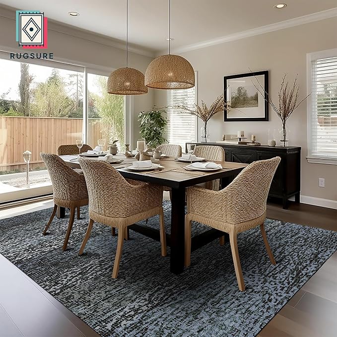 RUGSURE Washable Area Rug - 1/6 Thick - Stain & Water Resistant Non-Slip - Resistant Rug for Living Room, Bedroom, Nursery, Pet & Child Friendly, Vintage Charm Area Rugs (Darkgrey+Bule, 9' x 12')