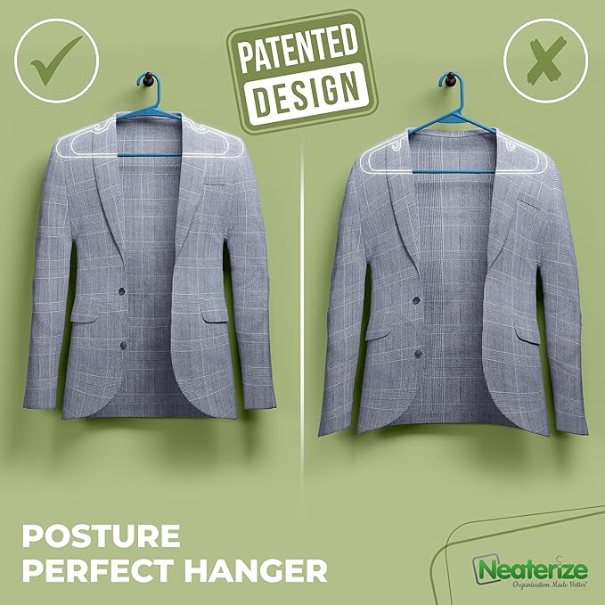 NEATERIZE Clothes Hangers Plastic 100 Pack for Adults - Plastic Hangers, The Perfect Coat Hanger and Space Saving Clothes Hangers for Closet, Percheros Ganchos para Colgar Ropa Hangars - Blue Hangers