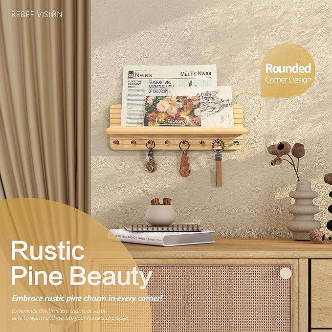 Farmhouse Key Holder Wall Mount for Office Decor – Rustic Key Hanger with 8 Sturdy Hooks & Floating Shelf for Small Plant or Mail Storage – Wall Organizer for Entryway, Living Room (Natural Wood)