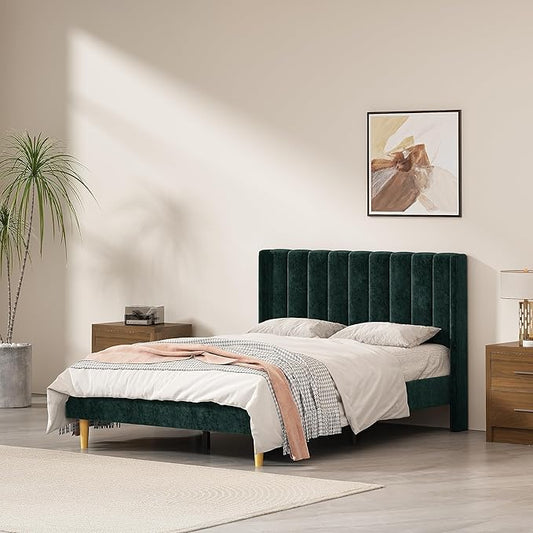Full Size Upholstered Platform Bed Frame with Modern Wingback & Vertical Panel Headboard, Velvet Fabric, Wooden Legs & Slats Support, No Box Spring Needed, Noise-Free & Easy Assembly, Ink Green
