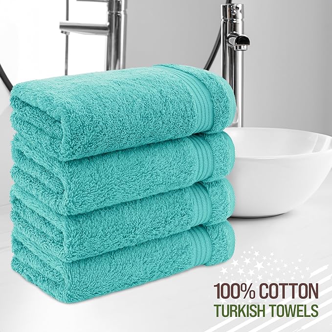 American Veteran Towel, Hand Towels for Bathroom Set of 4, 100% Cotton Turkish Hand Towel Sets, Soft Hand Face Towels, Turquoise Blue Hand Towels