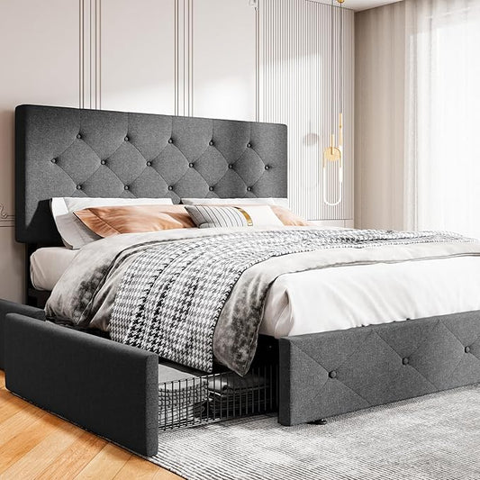 MUTICOR Queen Size Bed Frame with 4 Storage Drawers, Upholstered Platform Bed with Button Tufted Adjustable Headboard, No Box Spring Needed, Easy Assembly, Diamond Tufted, Dark Grey Fabric