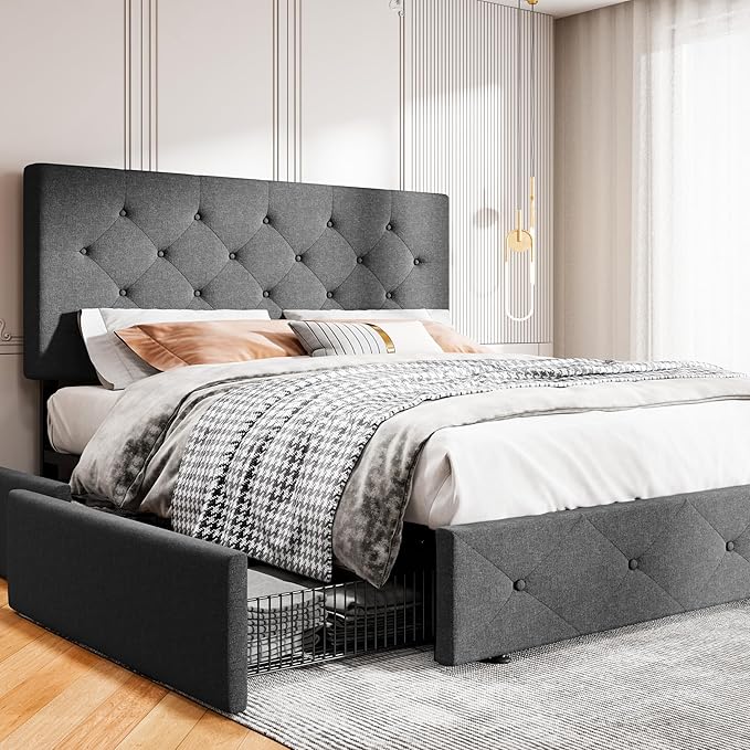 MUTICOR Full Size Bed Frame with 4 Storage Drawers, Upholstered Platform Bed with Button Tufted Adjustable Headboard, No Box Spring Needed, Easy Assembly, Diamond Tufted, Dark Grey Fabric