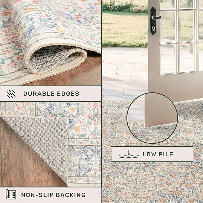 Washable Bathroom Rug 2x4 Non Slip - Beige Blue Small Rugs Front Door Rugs Indoor, Vintage Cream Floral Style Rug for Kitchen, Laundry, Perfect for Entryway Décor