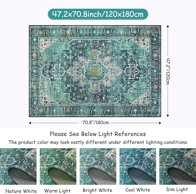 Moynesa Ultra-Thin Washable Area Rug - 4x6 Teal Living Room Rug Oriental Rugs for Bedroom, Non Slip Non Shedding Low Pile Entryway Carpet for Bedroom Dressing Room Office