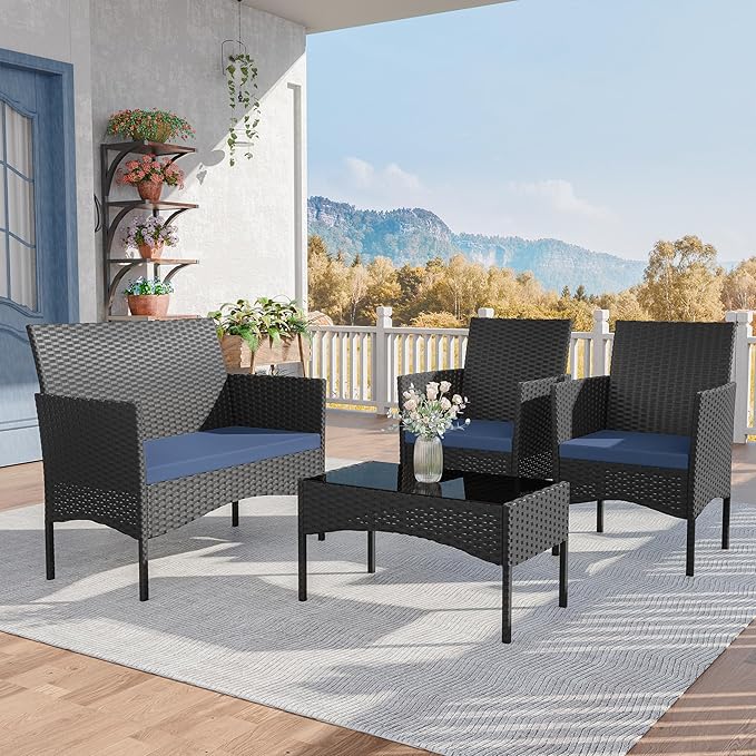 Kurapika Patio Furniture Set 4 Pieces Outdoor Wicker Rattan Chairs Conversation Sets w/Coffee Table, Rocking Bistro Set, for Patio Backyard Lawn (Navy Blue)
