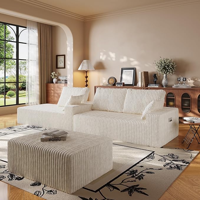 108" U Shaped Sectional Couch with Ottoman, Corduroy Modular Sectional Sofa with Deep Seat, Modern Modular L-Shape Sofa Couch with Chaise,Upholstered Boneless Couches for Living Room Bedroom