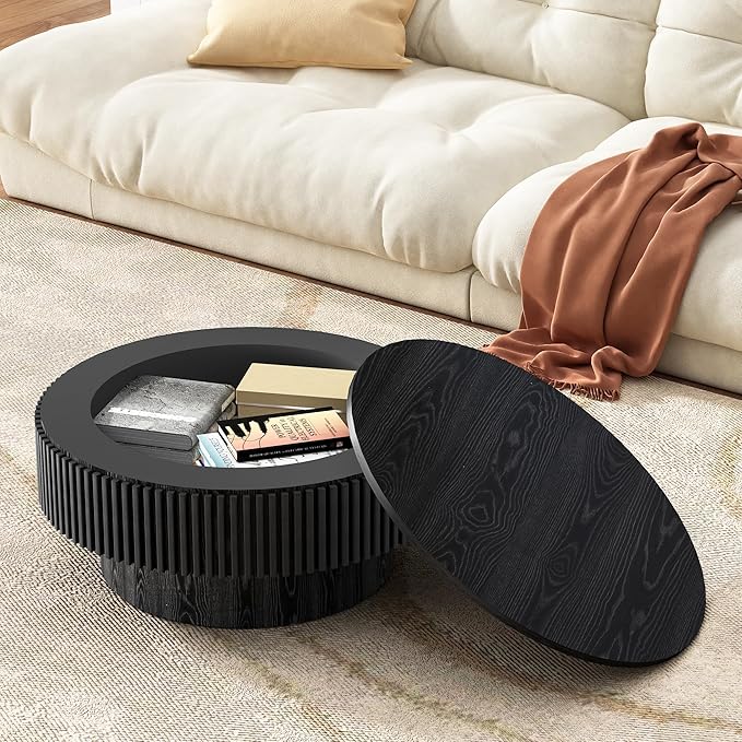 Round Coffee Table for Living Room,Fluted Drum Accent Tea Center Table with Storage,Circle Modern Coffee Tables for Small Space Office Apartment (31.5" L×31.5''W×14''H-Black)